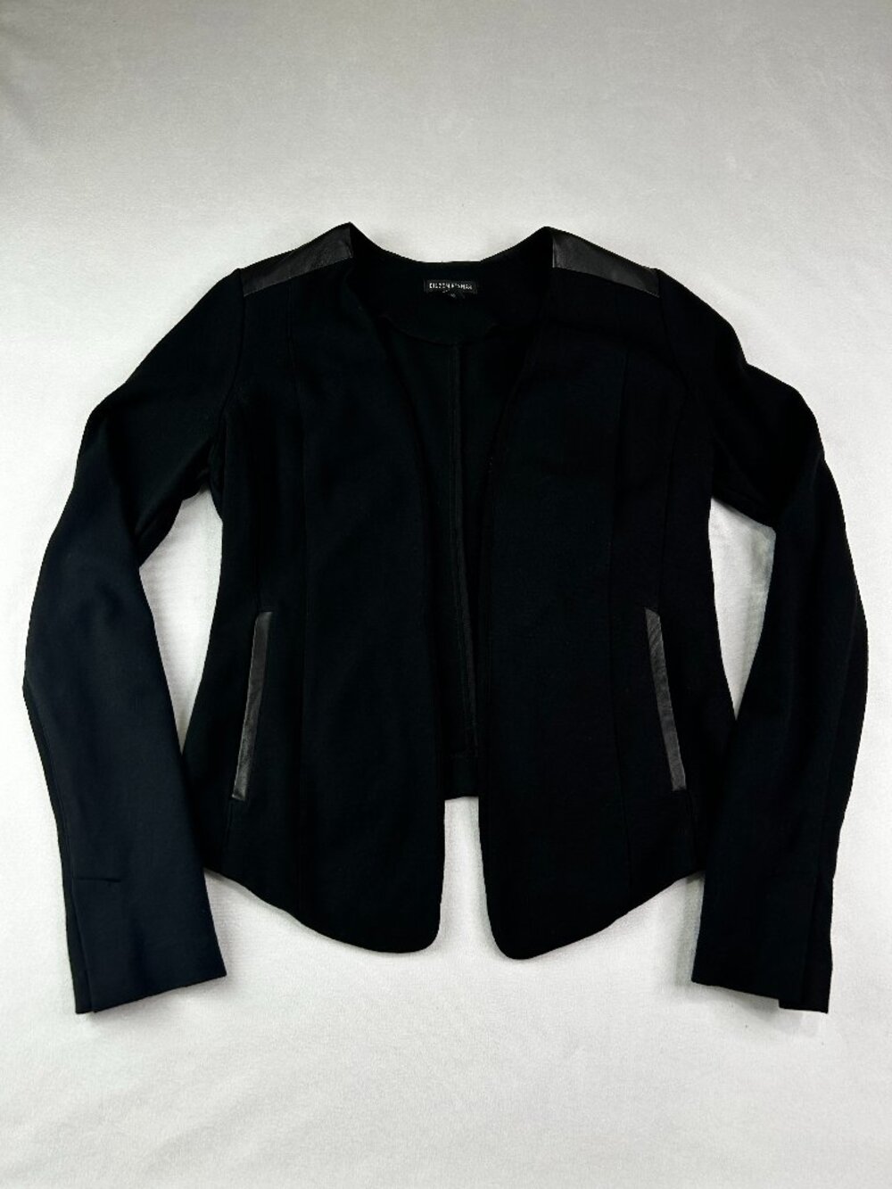 Eileen Fisher Open Front Jacket Black Leather Trim Viscose Stretch Crepe XXS